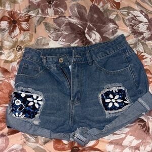 Denim Floral Patch Women Shorts
